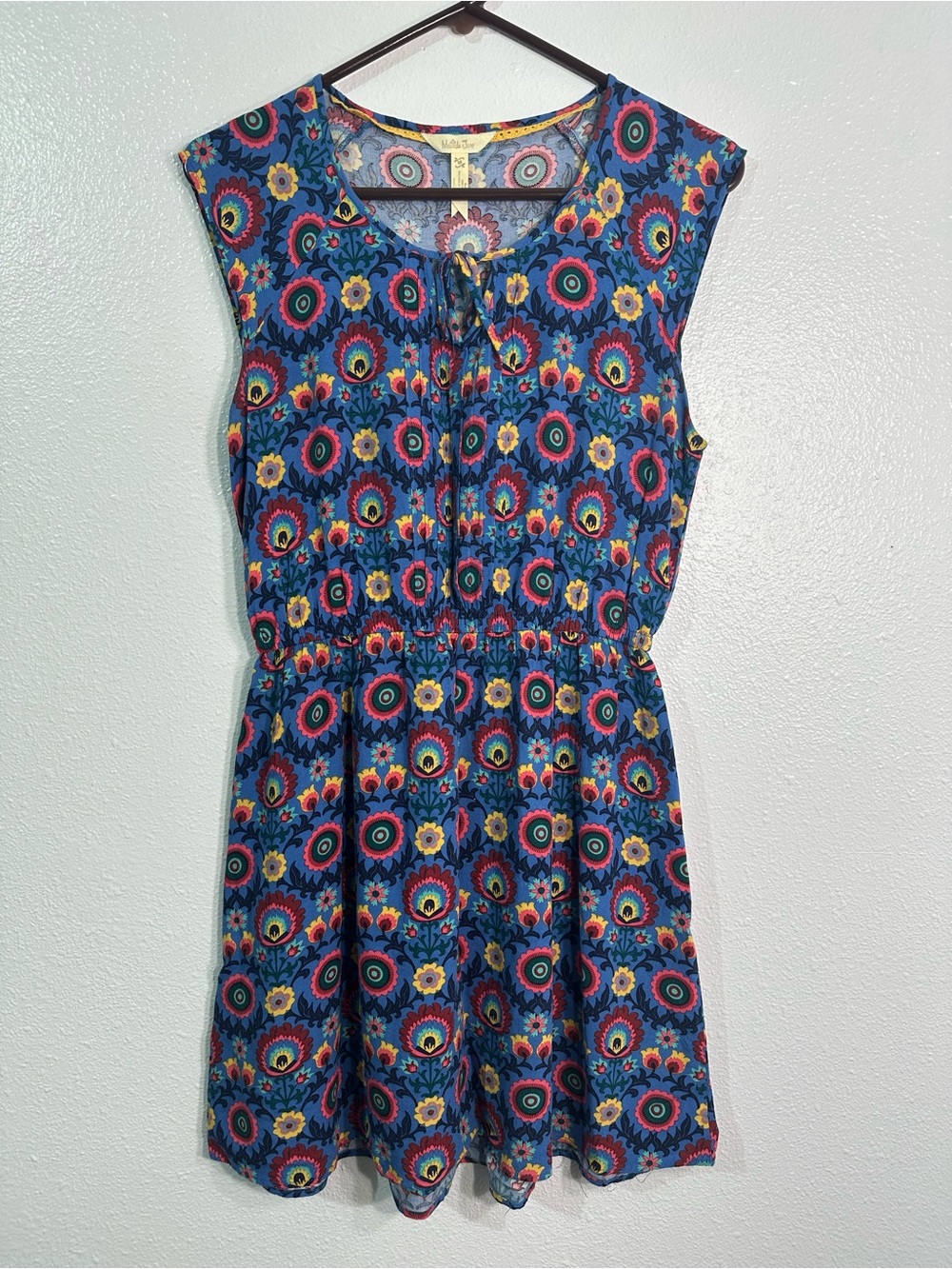 Matilda Jane Womenโs XL Blue Floral Folk Print Sleeveless Dress Boho Cottagecore